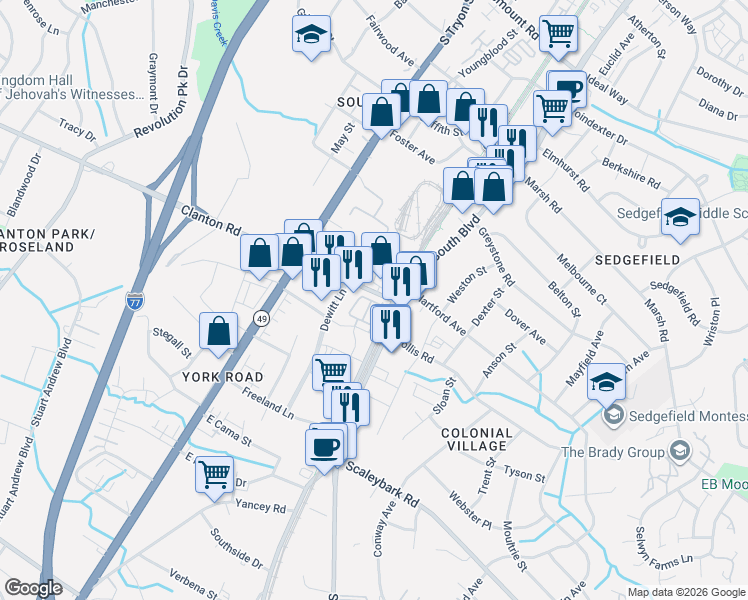 map of restaurants, bars, coffee shops, grocery stores, and more near in Charlotte