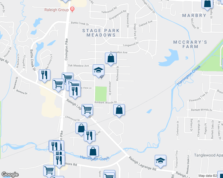 map of restaurants, bars, coffee shops, grocery stores, and more near 2535 Jenwood Street in Memphis