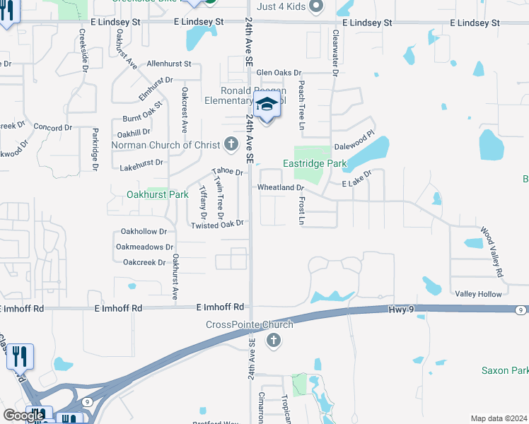 map of restaurants, bars, coffee shops, grocery stores, and more near 1919 Leeds Lane in Norman