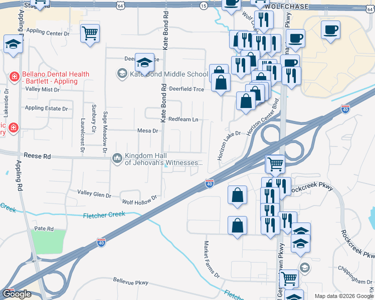 map of restaurants, bars, coffee shops, grocery stores, and more near 7868 Bland Ln in Memphis