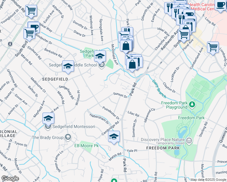 map of restaurants, bars, coffee shops, grocery stores, and more near 2820 Sunset Dr in Charlotte