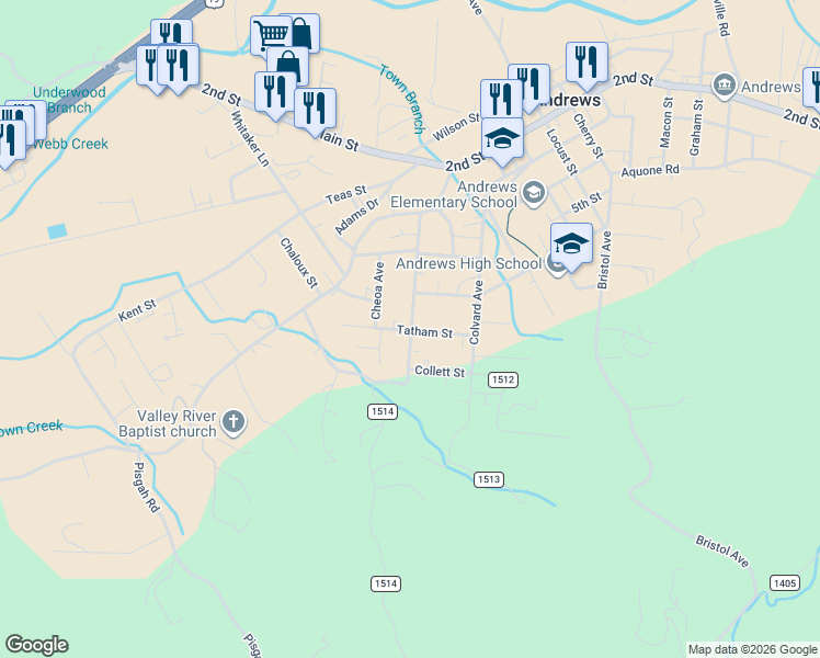 map of restaurants, bars, coffee shops, grocery stores, and more near 250 Conaheta Avenue in Andrews
