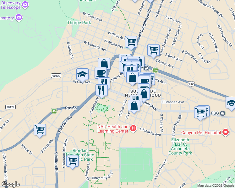 map of restaurants, bars, coffee shops, grocery stores, and more near 201 W Butler Ave in Flagstaff