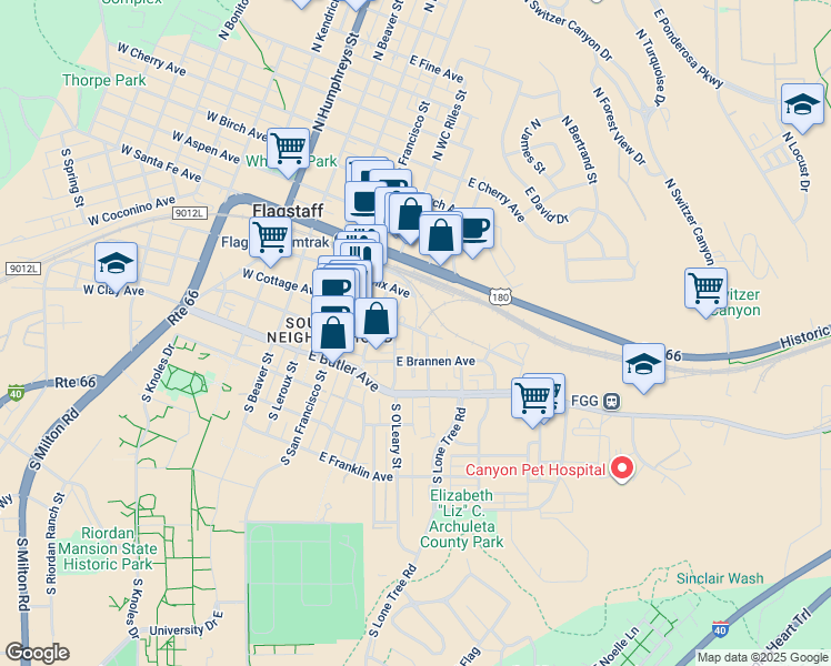 map of restaurants, bars, coffee shops, grocery stores, and more near 319 East Cottage Avenue in Flagstaff