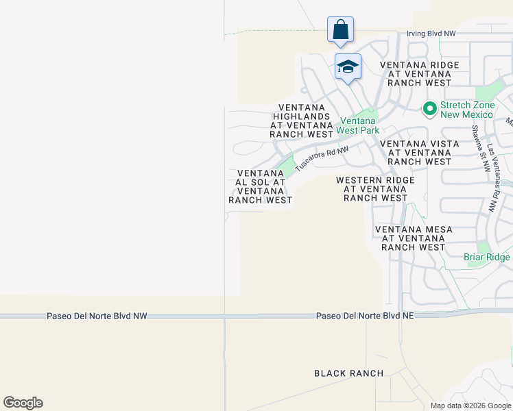 map of restaurants, bars, coffee shops, grocery stores, and more near 8148 Ventana Azul Avenue Northwest in Albuquerque