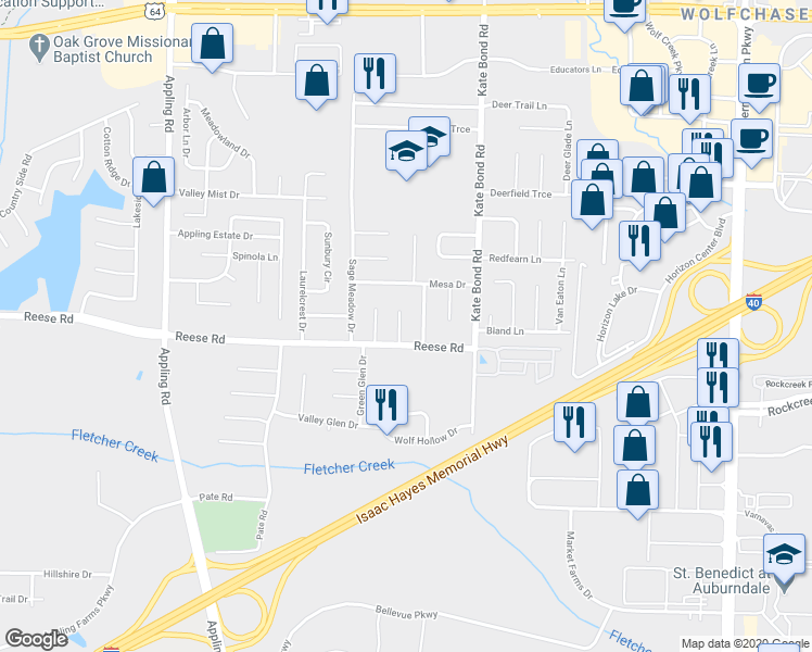 map of restaurants, bars, coffee shops, grocery stores, and more near 2528 Sunny Hollow Cove in Memphis