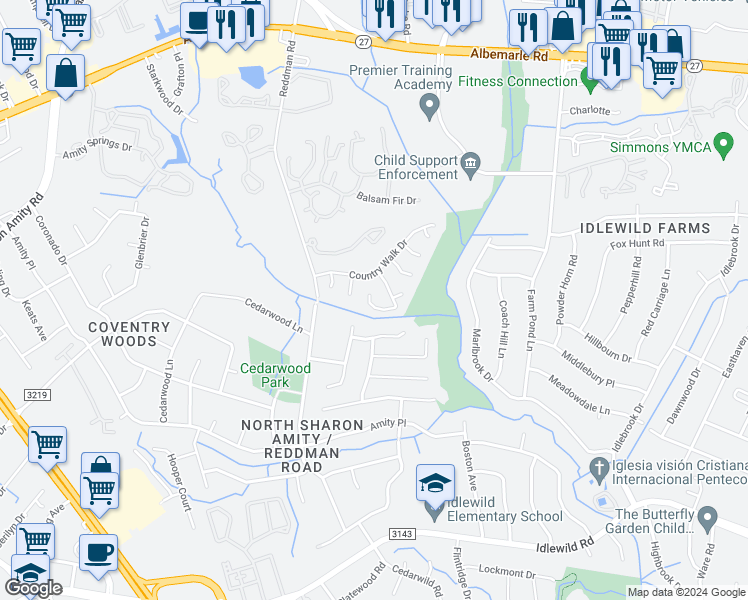 map of restaurants, bars, coffee shops, grocery stores, and more near 5911 Meadow Hill Drive in Charlotte