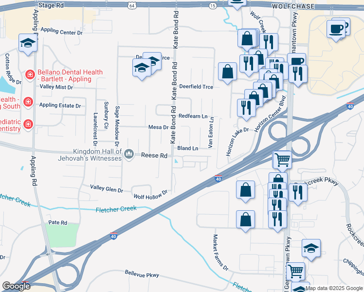 map of restaurants, bars, coffee shops, grocery stores, and more near 7828 Bland Lane in Memphis