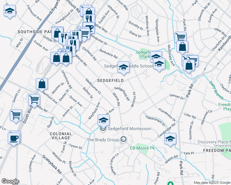 map of restaurants, bars, coffee shops, grocery stores, and more near 613 Marsh Road in Charlotte