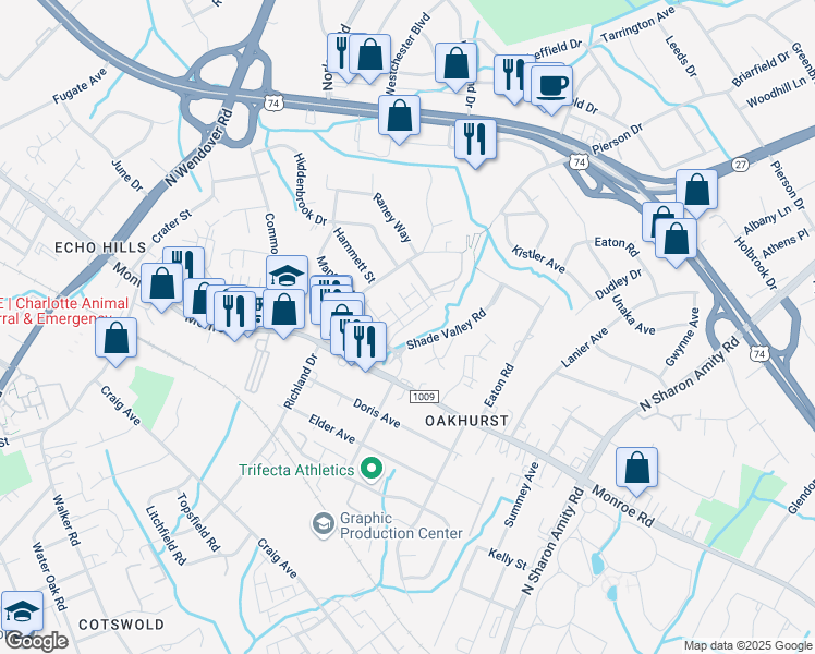 map of restaurants, bars, coffee shops, grocery stores, and more near 3055 Salix Bend Drive in Charlotte