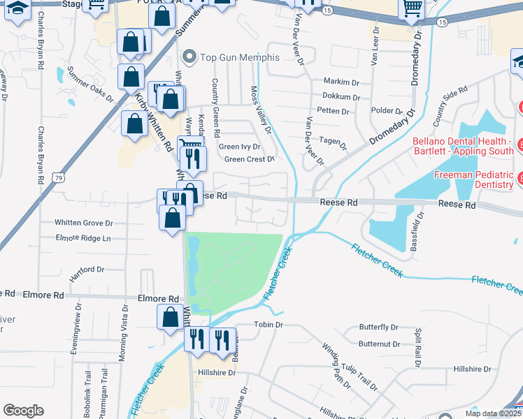map of restaurants, bars, coffee shops, grocery stores, and more near 6939 Dusty Trail Lane in Memphis