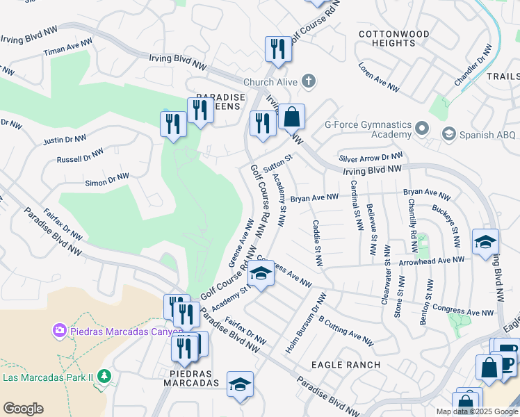 map of restaurants, bars, coffee shops, grocery stores, and more near 9920 Greene Avenue Northwest in Albuquerque