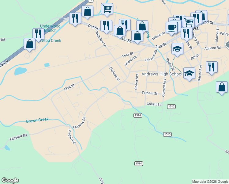 map of restaurants, bars, coffee shops, grocery stores, and more near 575 Fairview Road in Andrews