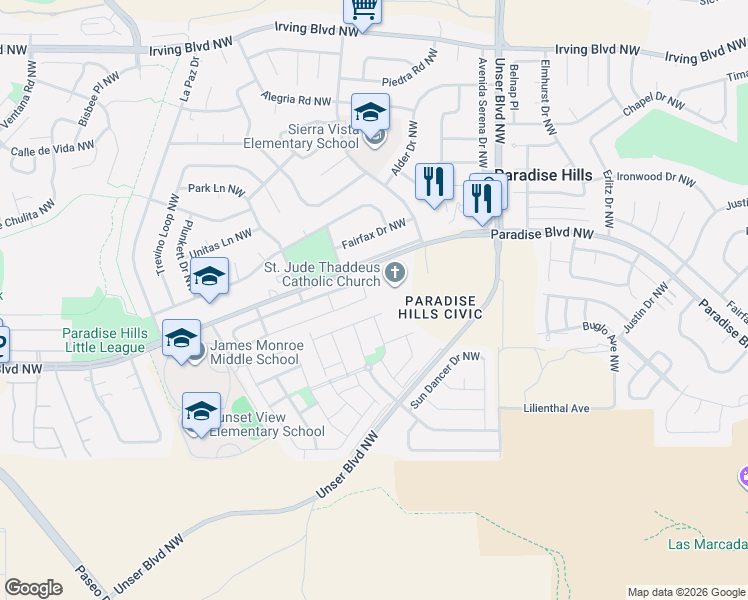 map of restaurants, bars, coffee shops, grocery stores, and more near 9700 Baby Deena Street Northwest in Albuquerque