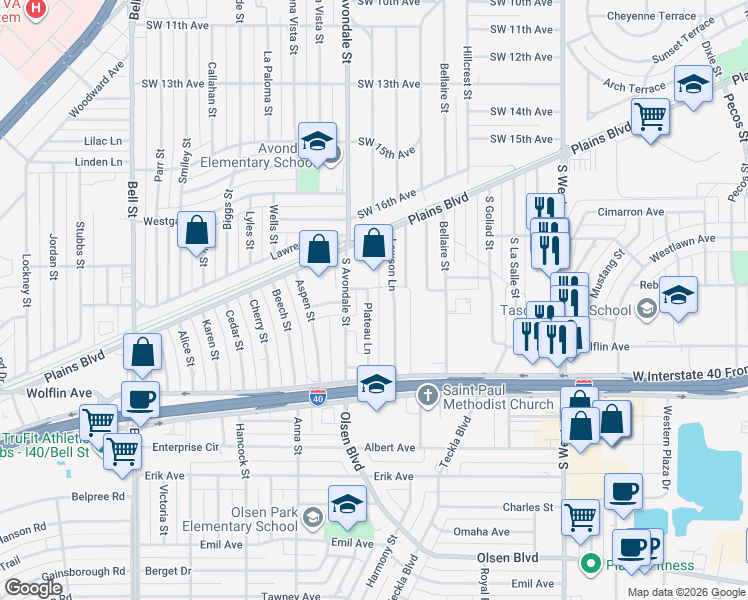map of restaurants, bars, coffee shops, grocery stores, and more near 1805 Plateau Lane in Amarillo