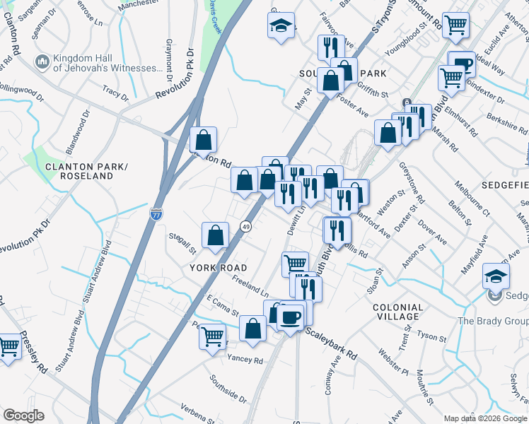 map of restaurants, bars, coffee shops, grocery stores, and more near 3642 Tryclan Drive in Charlotte