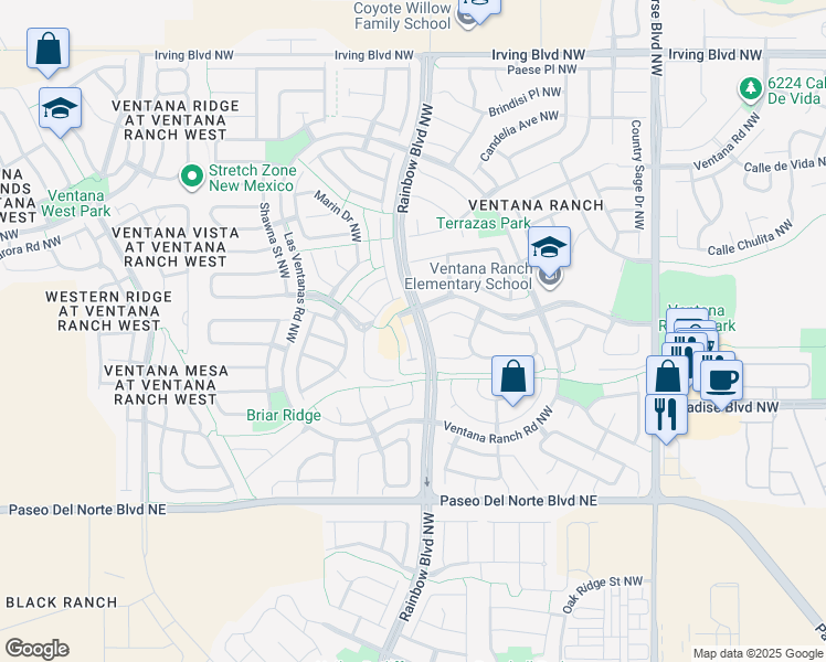 map of restaurants, bars, coffee shops, grocery stores, and more near 10032 Vista Cantera Lane Northwest in Albuquerque