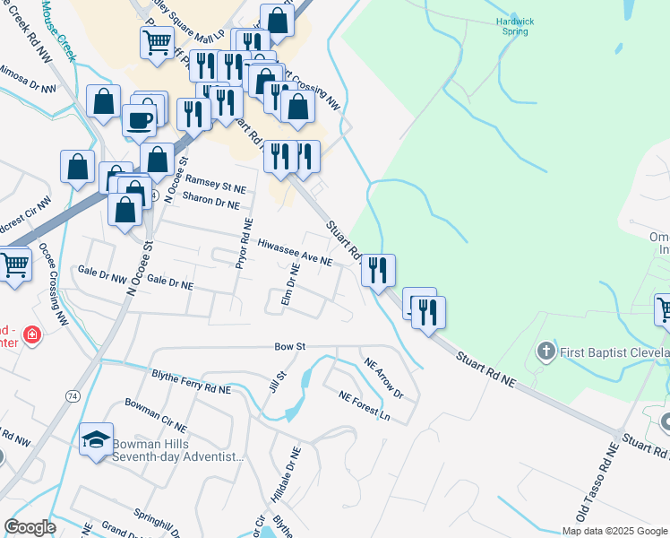 map of restaurants, bars, coffee shops, grocery stores, and more near 692 Hiwassee Avenue Northeast in Cleveland