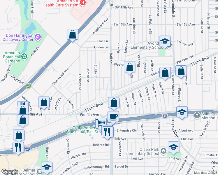 map of restaurants, bars, coffee shops, grocery stores, and more near 1566 Bell Street in Amarillo