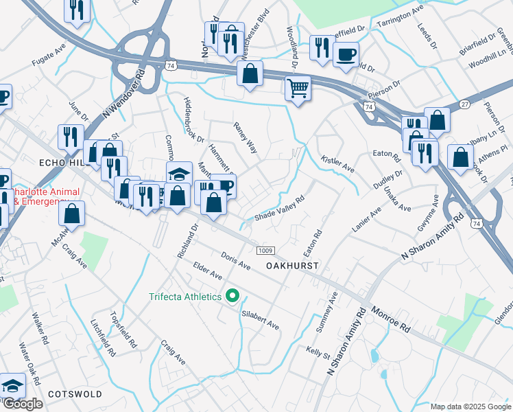 map of restaurants, bars, coffee shops, grocery stores, and more near 3055 Salix Bend Drive in Charlotte