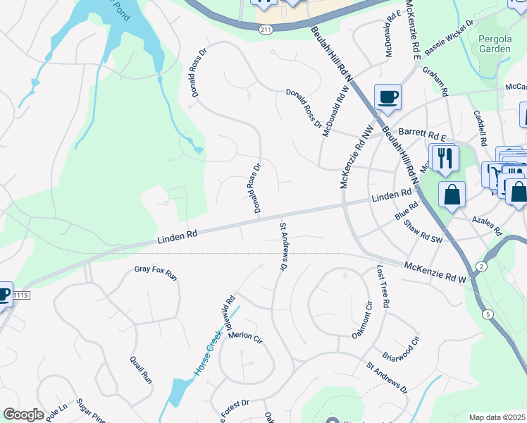 map of restaurants, bars, coffee shops, grocery stores, and more near 30 Donald Ross Drive in Pinehurst