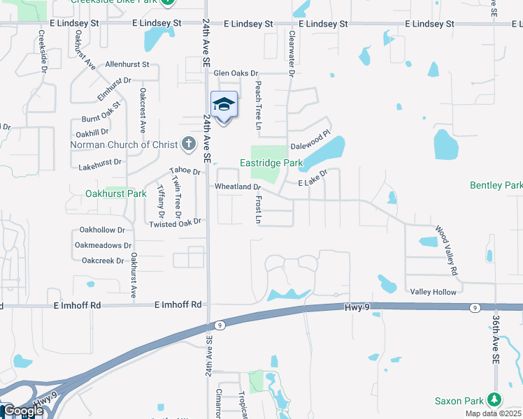 map of restaurants, bars, coffee shops, grocery stores, and more near 2705 Edgemere Drive in Norman