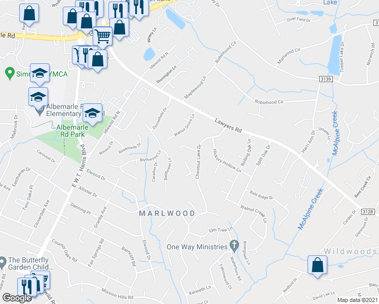 map of restaurants, bars, coffee shops, grocery stores, and more near 7636 Applewood Lane in Charlotte
