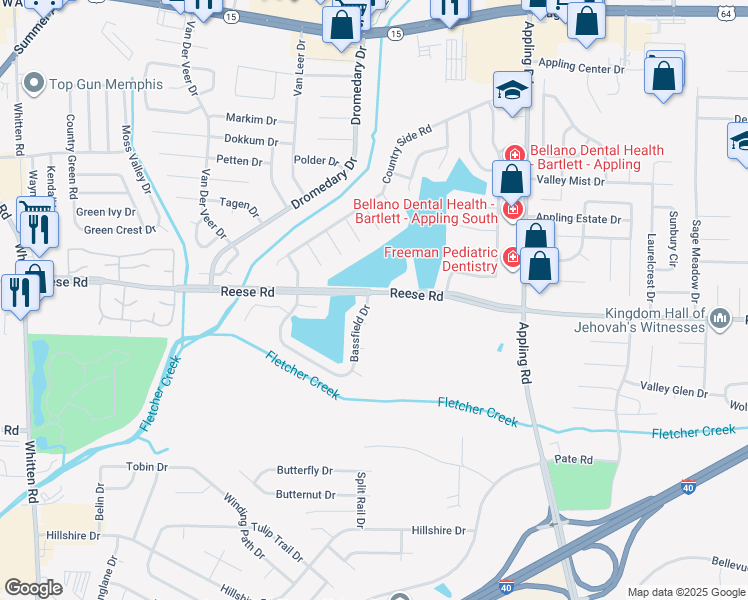 map of restaurants, bars, coffee shops, grocery stores, and more near 2526 Bassfield Drive in Memphis