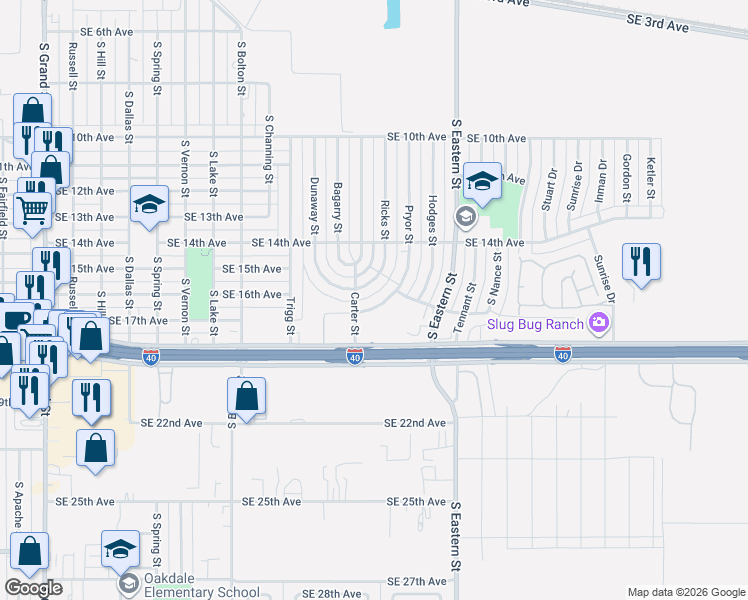map of restaurants, bars, coffee shops, grocery stores, and more near 1418 Pryor Street in Amarillo