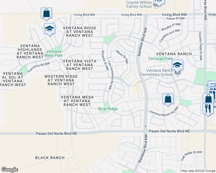 map of restaurants, bars, coffee shops, grocery stores, and more near 10019 Silverton Drive Northwest in Albuquerque