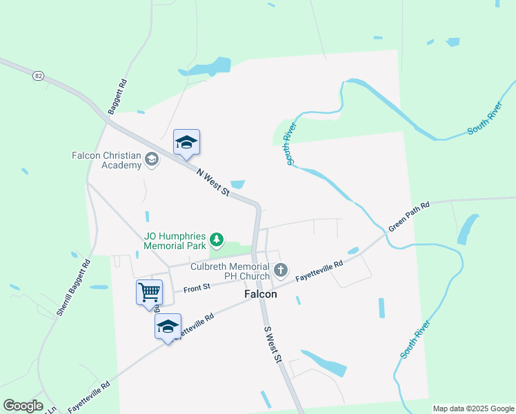 map of restaurants, bars, coffee shops, grocery stores, and more near 300-406 North West Street in Falcon