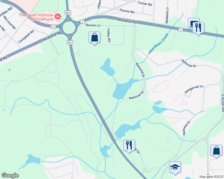 map of restaurants, bars, coffee shops, grocery stores, and more near 115 Woodenbridge Ln in Pinehurst