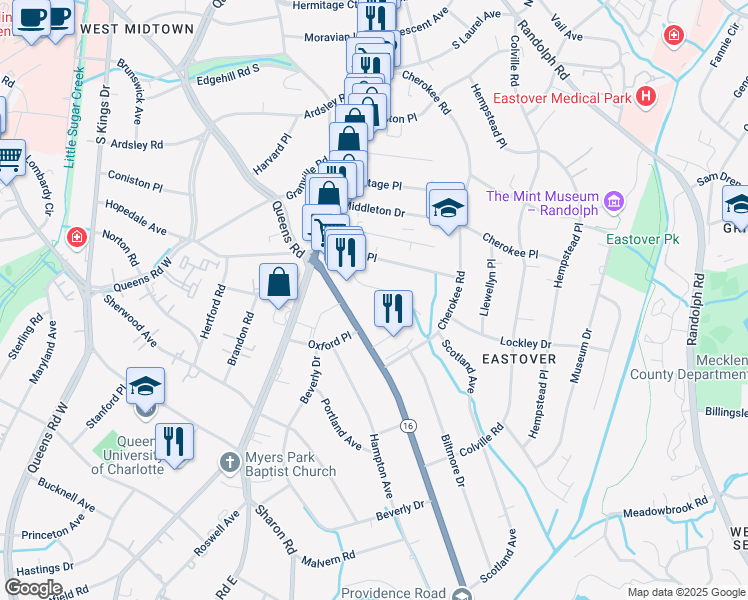 map of restaurants, bars, coffee shops, grocery stores, and more near 1050 Bolling Road in Charlotte