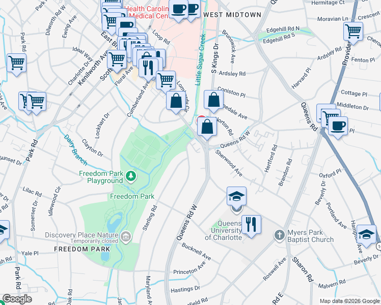 map of restaurants, bars, coffee shops, grocery stores, and more near 2024 Nolen Park Lane in Charlotte