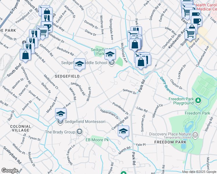 map of restaurants, bars, coffee shops, grocery stores, and more near 809 Sedgefield Road in Charlotte