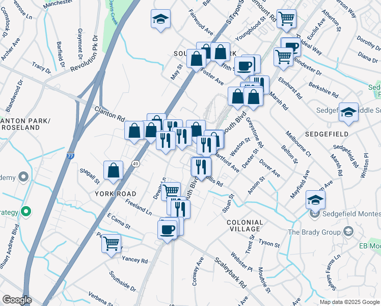 map of restaurants, bars, coffee shops, grocery stores, and more near 77 Clanton Road in Charlotte
