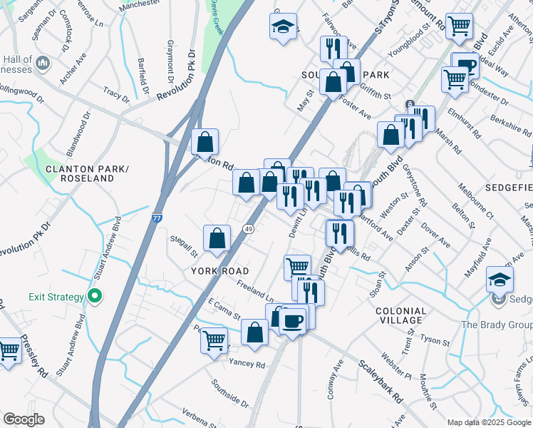 map of restaurants, bars, coffee shops, grocery stores, and more near 3642 Tryclan Drive in Charlotte