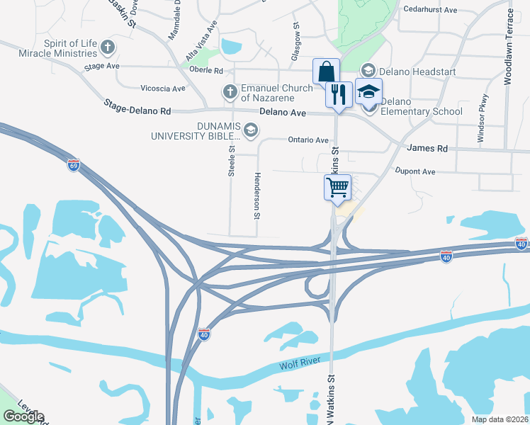map of restaurants, bars, coffee shops, grocery stores, and more near 2530 Henderson Street in Memphis