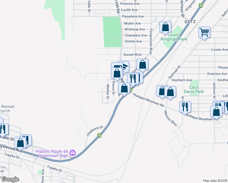 map of restaurants, bars, coffee shops, grocery stores, and more near 1810 Broadway Avenue in Kingman