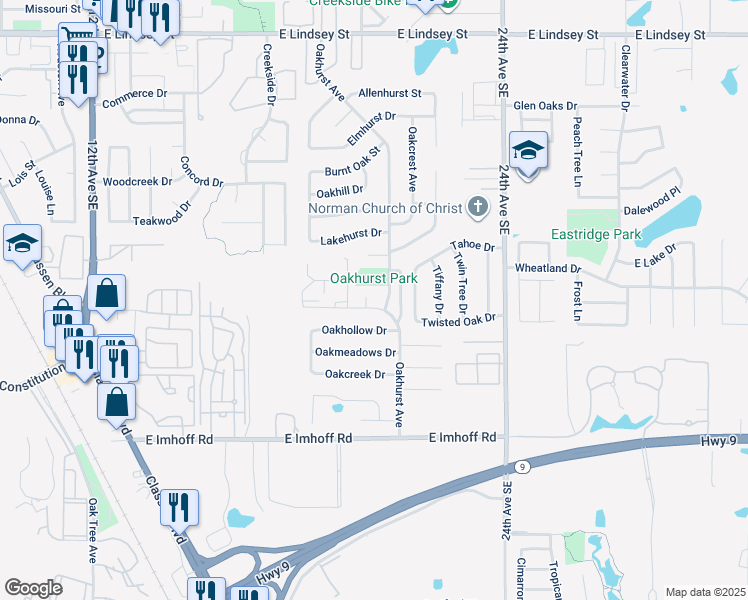 map of restaurants, bars, coffee shops, grocery stores, and more near 2009 Twisted Oak Circle in Norman