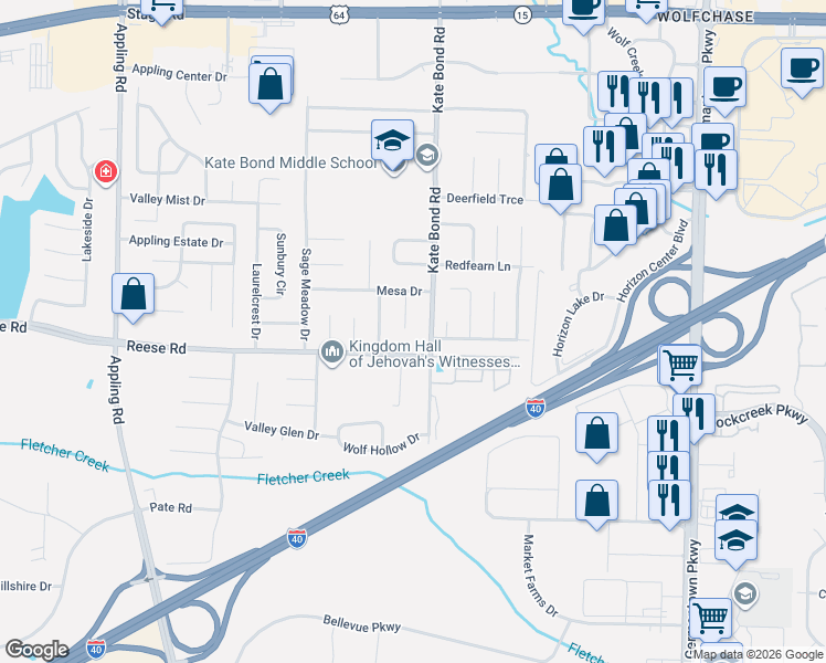 map of restaurants, bars, coffee shops, grocery stores, and more near 2532 Baxter Cove in Memphis