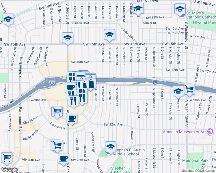 map of restaurants, bars, coffee shops, grocery stores, and more near 1900 S Fannin St in Amarillo