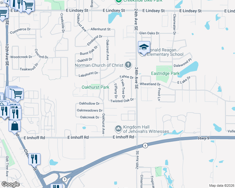 map of restaurants, bars, coffee shops, grocery stores, and more near 1909 Tiffany Drive in Norman