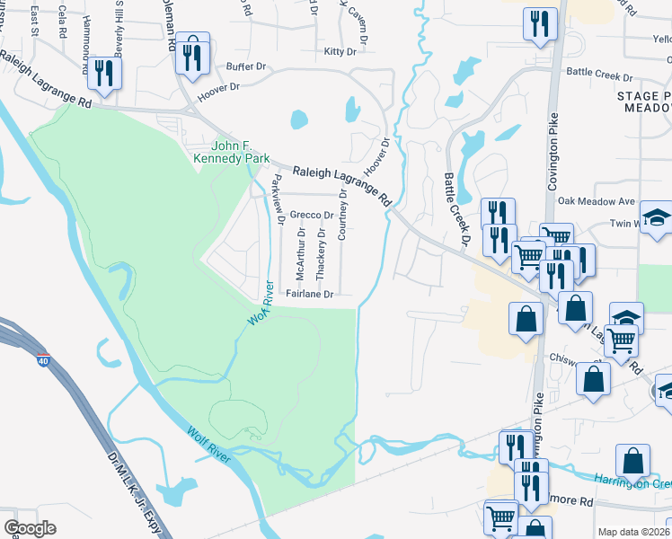 map of restaurants, bars, coffee shops, grocery stores, and more near 2535 Courtney Drive in Memphis