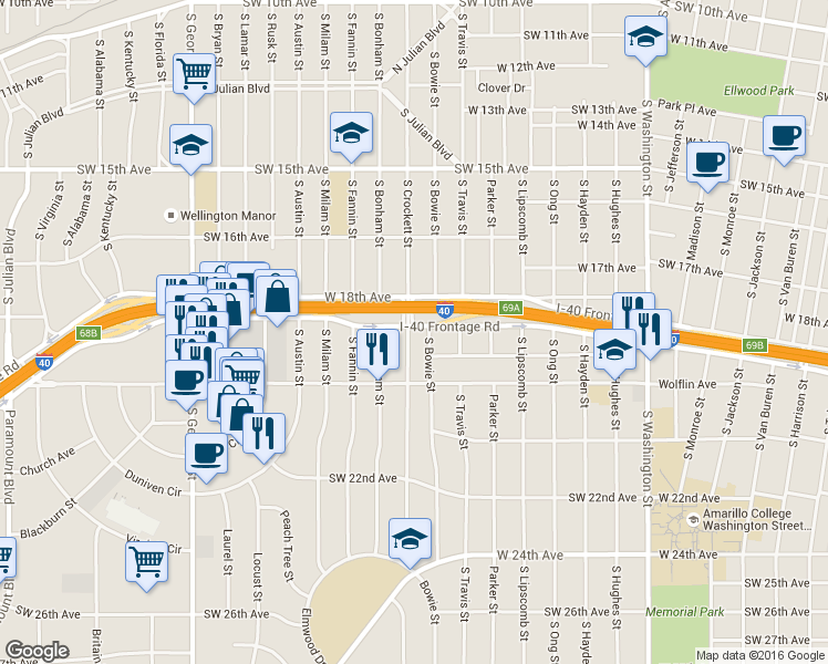 map of restaurants, bars, coffee shops, grocery stores, and more near 1901 Crockett Street in Amarillo