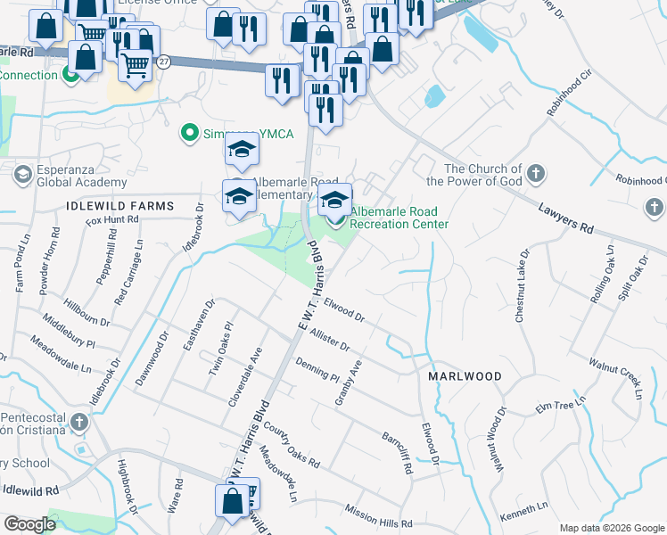 map of restaurants, bars, coffee shops, grocery stores, and more near 5409 North Idlewild Road in Charlotte