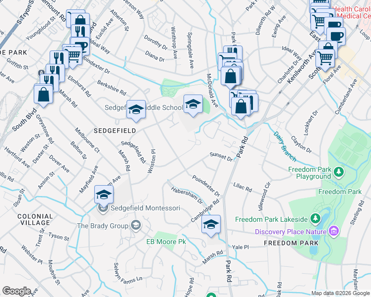 map of restaurants, bars, coffee shops, grocery stores, and more near 809 Sedgefield Road in Charlotte