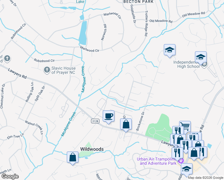 map of restaurants, bars, coffee shops, grocery stores, and more near 5718 Bent Creek Circle in Charlotte