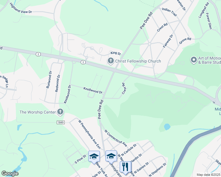 map of restaurants, bars, coffee shops, grocery stores, and more near 1735 West Pennsylvania Avenue in Southern Pines