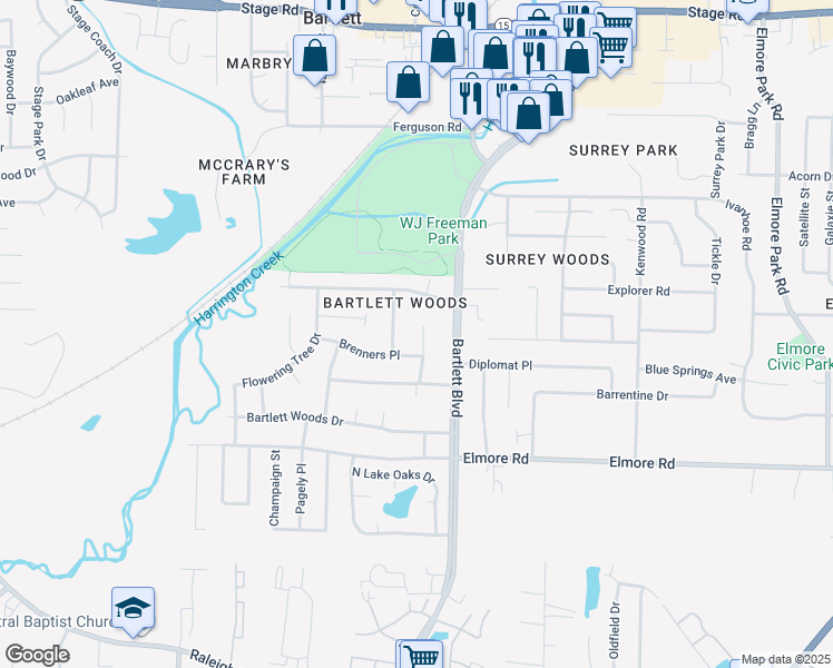 map of restaurants, bars, coffee shops, grocery stores, and more near 2527 Doe Run Lane in Bartlett